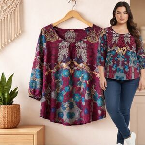 🛍️ LANE BRYANT burgundy, blue floral stud, pullover blouse size xlarge